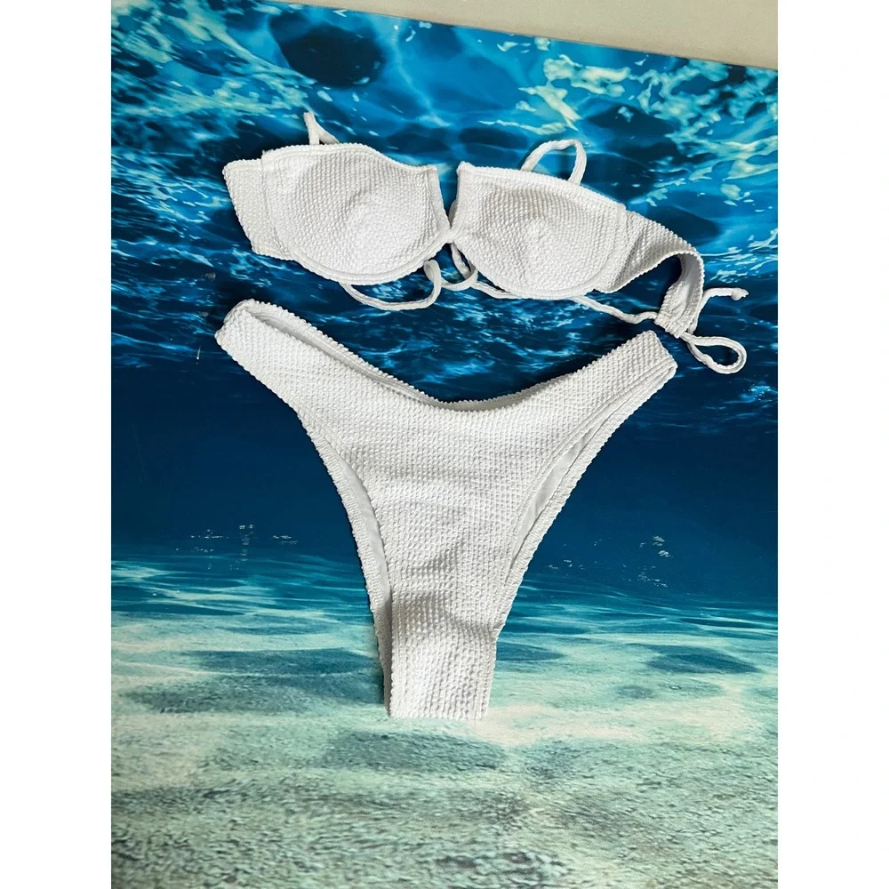 ☀️White Smocked Underwire Bikini Set High Cut Cheeky Two Piece Swimsuit